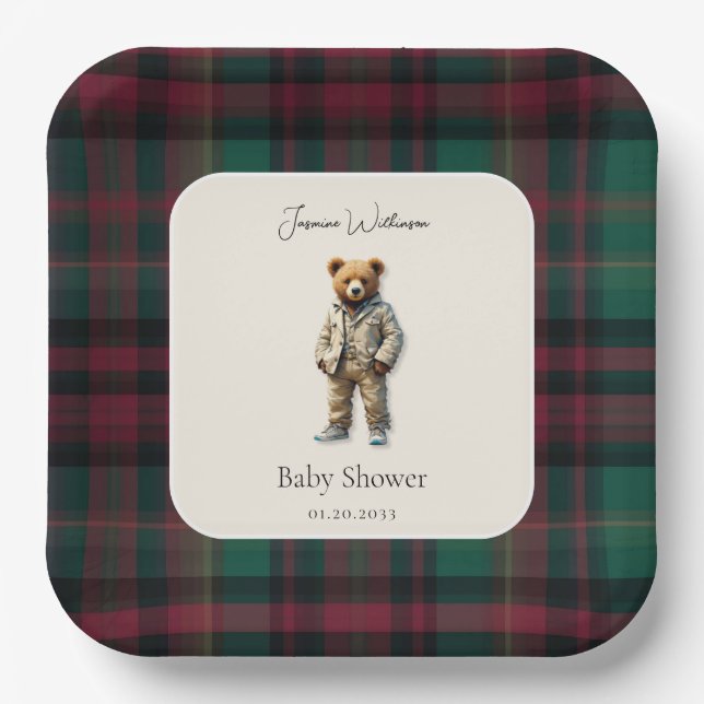 rustic Teddy  Baby Shower Paper Plate (Front)