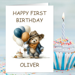 Rustic Teddy Bear 1st Birthday Card