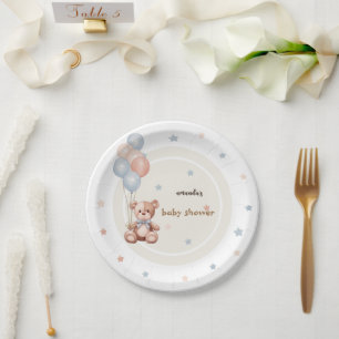 Rustic Teddy Bear Balloons Baby Shower  Paper Plate