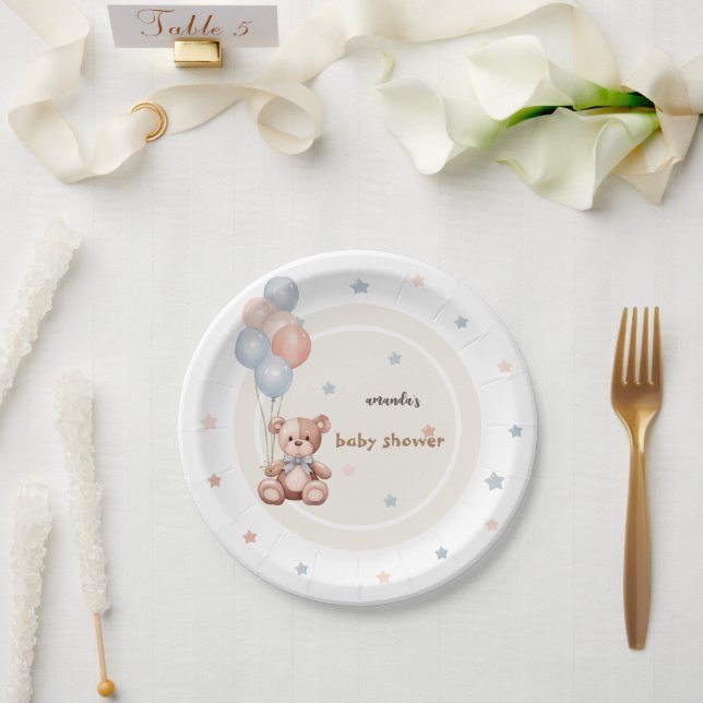 Rustic Teddy Bear Balloons Baby Shower  Paper Plate (Wedding)