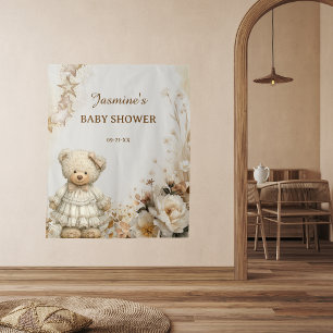 Rustic Teddy Bear Floral Baby Shower Backdrop Tapestry