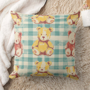 Rustic Teddy Bears on Distressed Teal Plaid Cushion