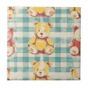 Rustic Teddy Bears on Distressed Teal Plaid Tile