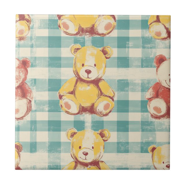 Rustic Teddy Bears on Distressed Teal Plaid Tile (Front)