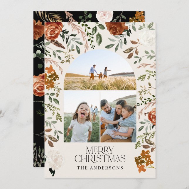 Rustic terracotta 3 photo botanical elegant arch h holiday card (Front/Back)