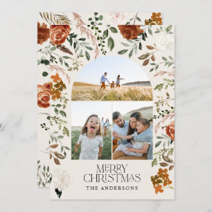 Rustic terracotta 3 photo botanical elegant arch holiday card
