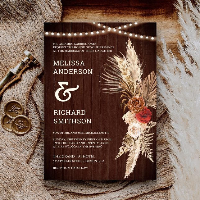Rustic Terracotta and Maroon Floral Pampas Invitation (Creator Uploaded)