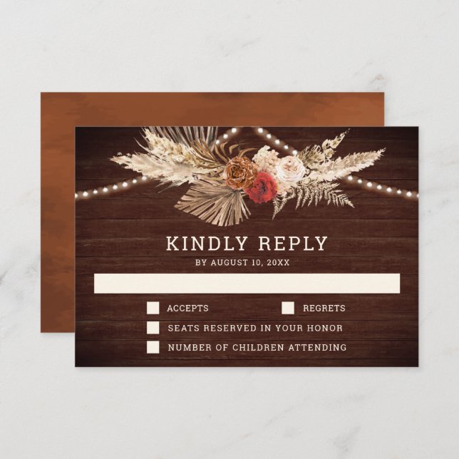 Rustic Terracotta and Maroon Floral Pampas Wedding RSVP Card (Front/Back)