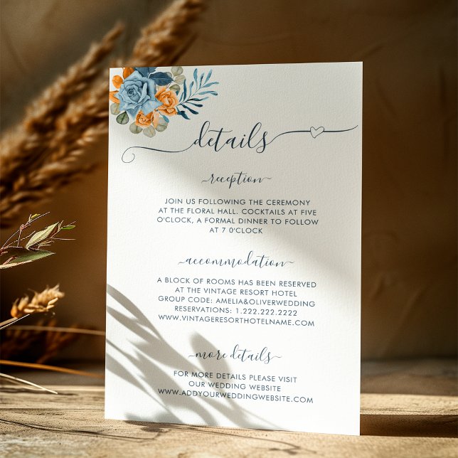 Rustic Terracotta Blue Flower Fall Wedding Details Enclosure Card (Front)
