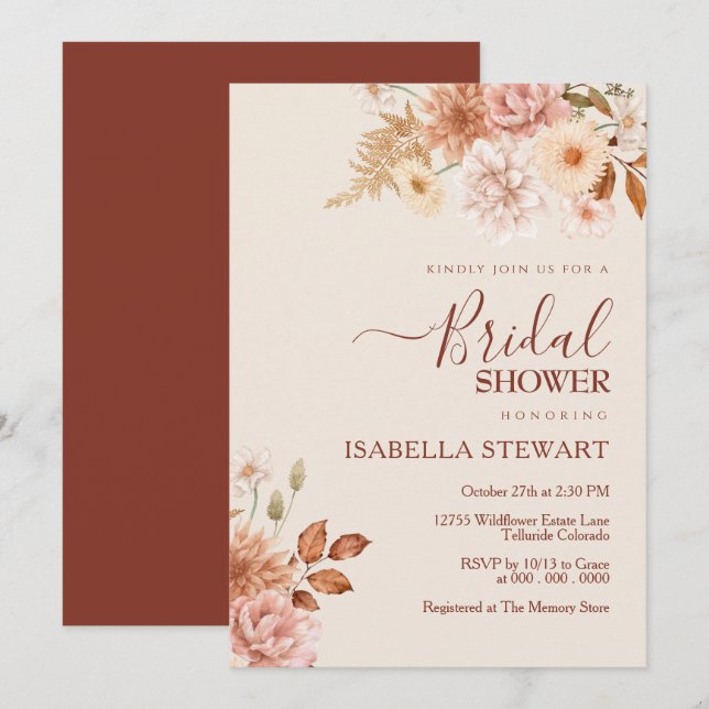 Rustic Terracotta Boho Fall Foliage Bridal Shower Invitation (Front/Back)