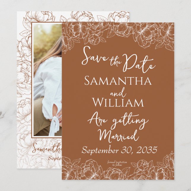 Rustic Terracotta Boho Floral Modern Photo Wedding Save The Date (Front/Back)