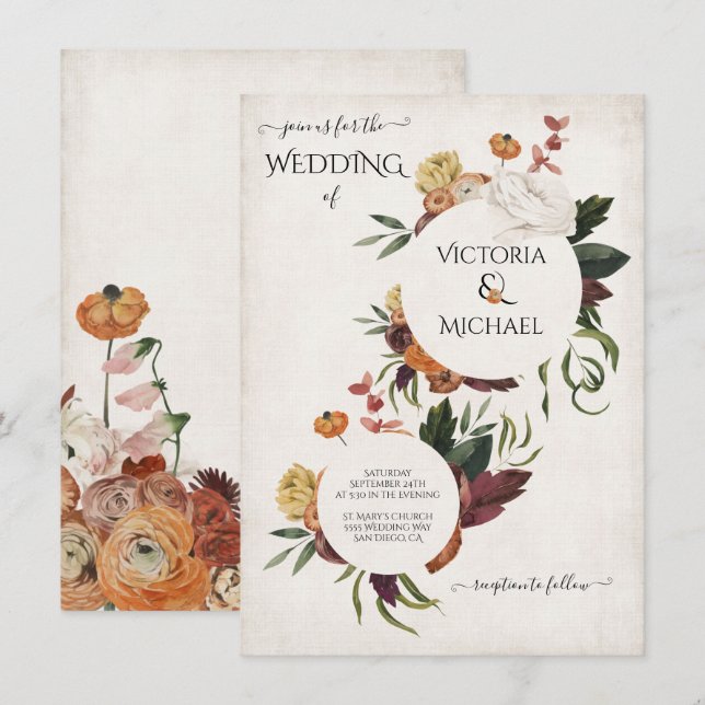  Rustic Terracotta Boho Floral Wreaths Wedding Invitation (Front/Back)