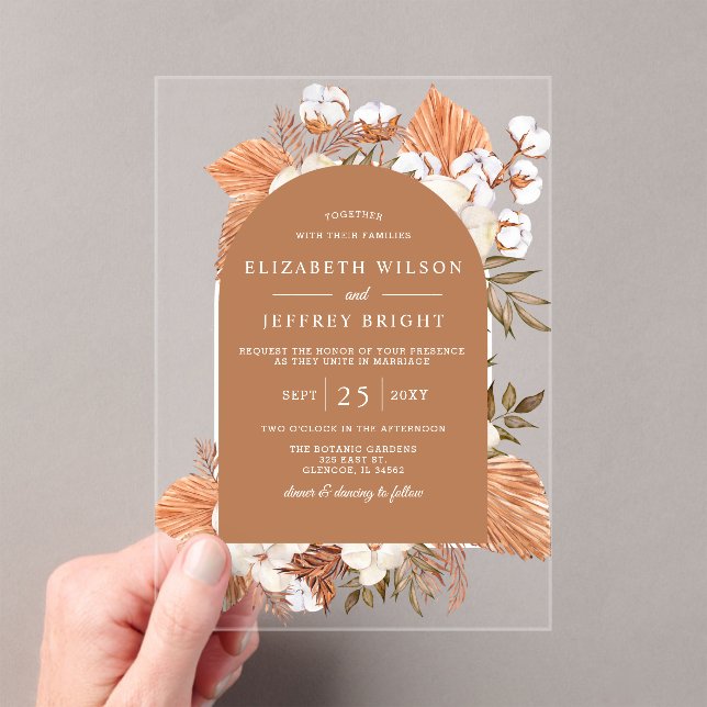 Rustic Terracotta Boho Pampas Arched Wedding Acrylic Invitations (Insitu (Handheld))