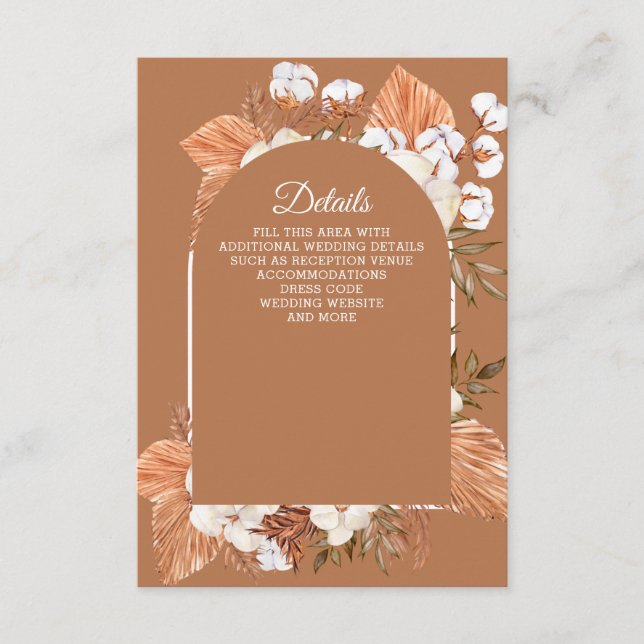 Rustic Terracotta Boho Pampas Arched Wedding  Enclosure Card (Front)