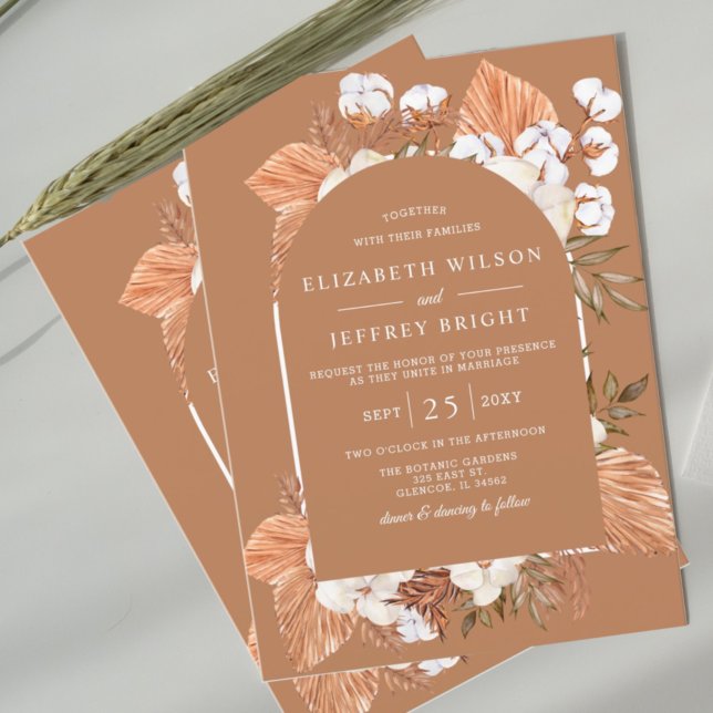Rustic Terracotta Boho Pampas Arched Wedding Invitation (Creator Uploaded)