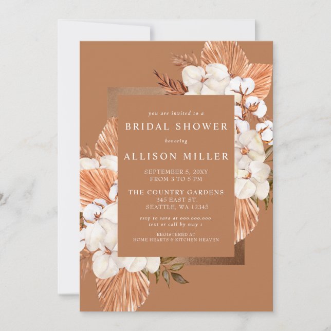 Rustic Terracotta Boho Pampas Bridal Shower Invitation (Front)