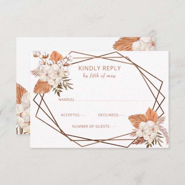 Rustic Terracotta Boho Pampas Geometric Wedding RSVP Card (Front/Back)