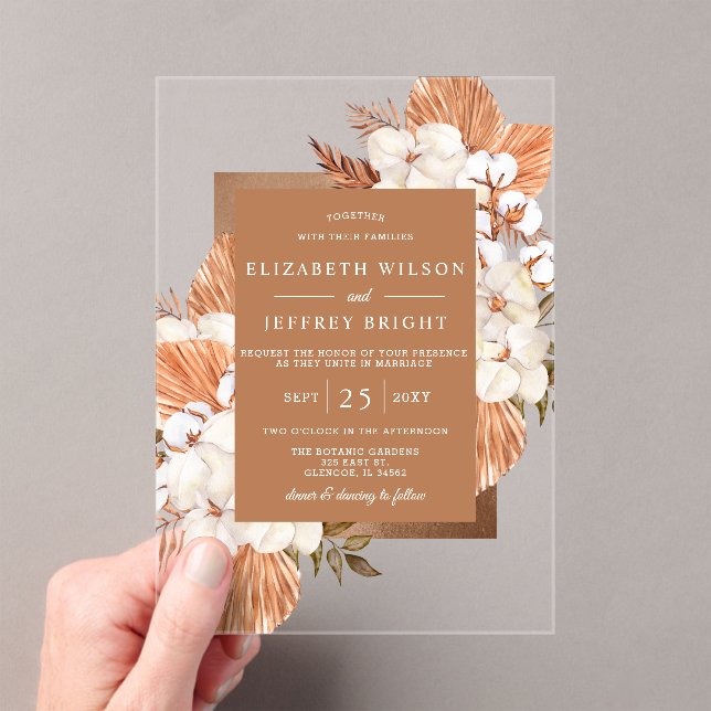 Rustic Terracotta Boho Pampas Orchids Wedding Acrylic Invitations (Insitu (Handheld))