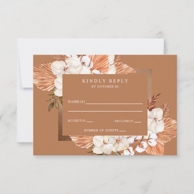 Rustic Terracotta Boho Pampas Orchids Wedding RSVP Card (Front)