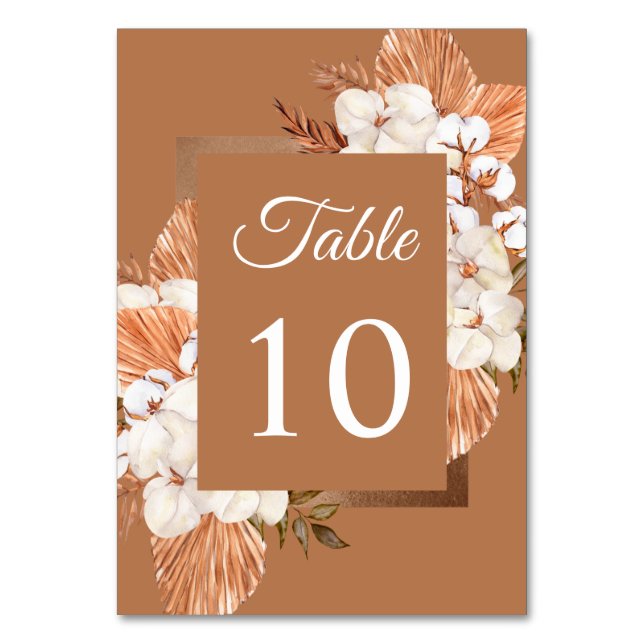 Rustic Terracotta Boho Pampas Orchids Wedding Table Number (Front)