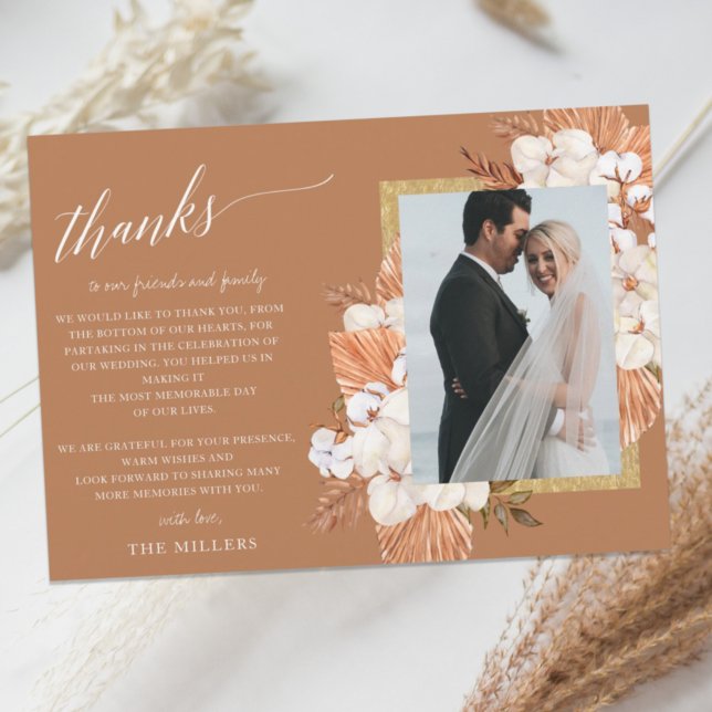 Rustic Terracotta Boho Pampas Palm Photo Wedding Thank You Card (Creator Uploaded)