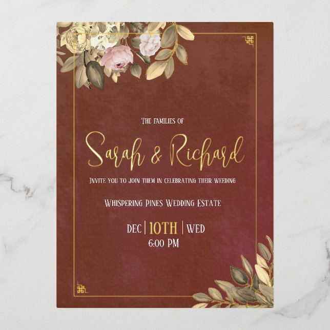 Rustic Terracotta Botanical Boho Luxe Wedding Foil Invitation Postcard (Front)