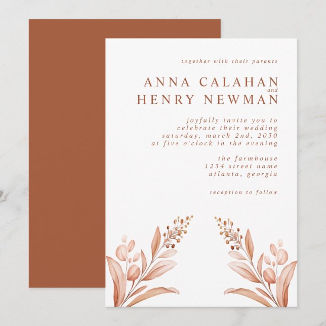Rustic Terracotta Botanical Floral Wedding Invitation (Front/Back)