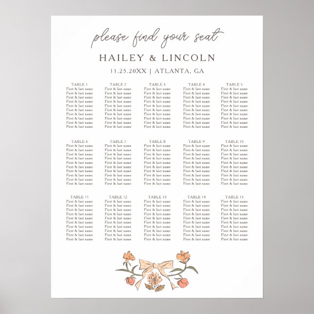Rustic Terracotta Bow Floral Wedding Seating Chart (Front)