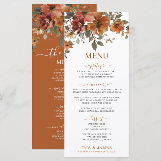 Rustic Terracotta Burnt Orange Floral Wedding Menu (Front/Back)