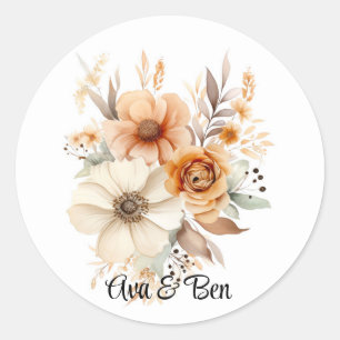 Rustic Terracotta Cream Watercolor Floral Wedding Classic Round Sticker