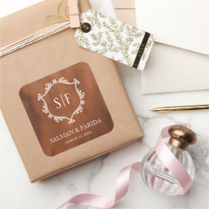 Rustic Terracotta Crest Monogram Wedding Square Sticker
