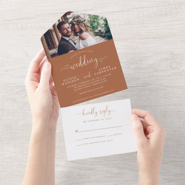 Rustic Terracotta Elegant Script Photo Wedding All In One Invitation (Tearaway)