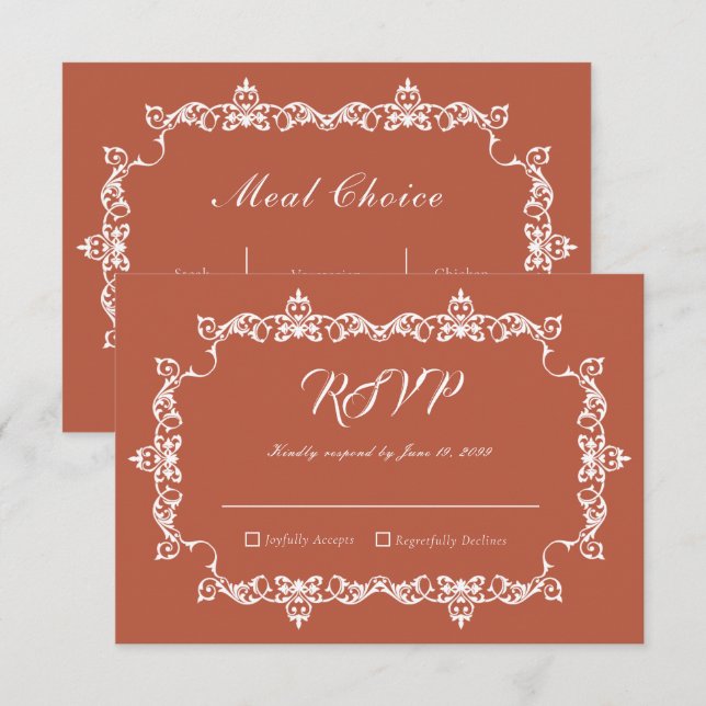 Rustic Terracotta Ember Ornately Framed Wedding RSVP Card (Front/Back)