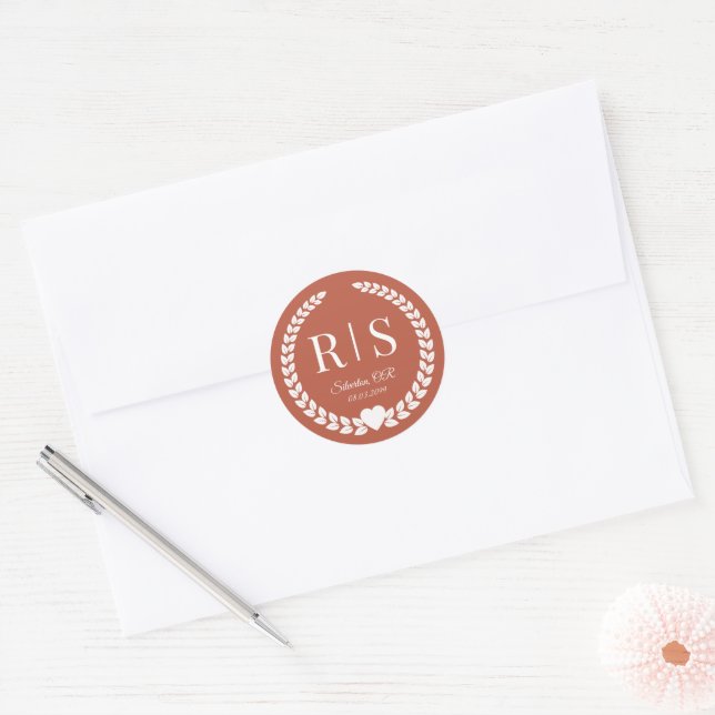 Rustic Terracotta Ember Wedding Monogram Initials Classic Round Sticker (Envelope)