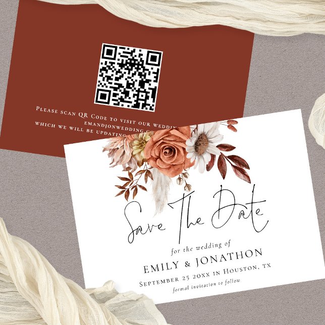 Rustic Terracotta Fall Florals QR Code Wedding Save The Date (Available digitally or printed)