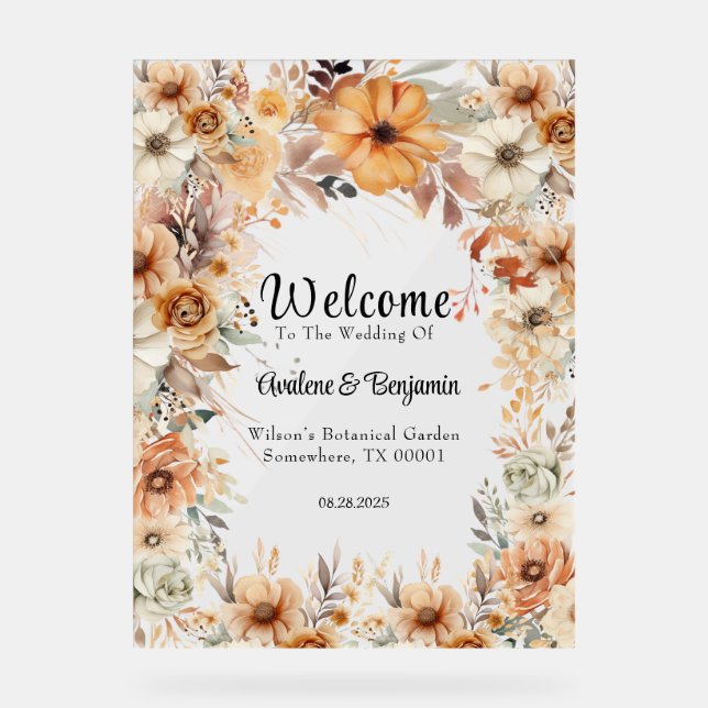 Rustic Terracotta Floral Arch Wedding Welcome Acrylic Sign (Front)