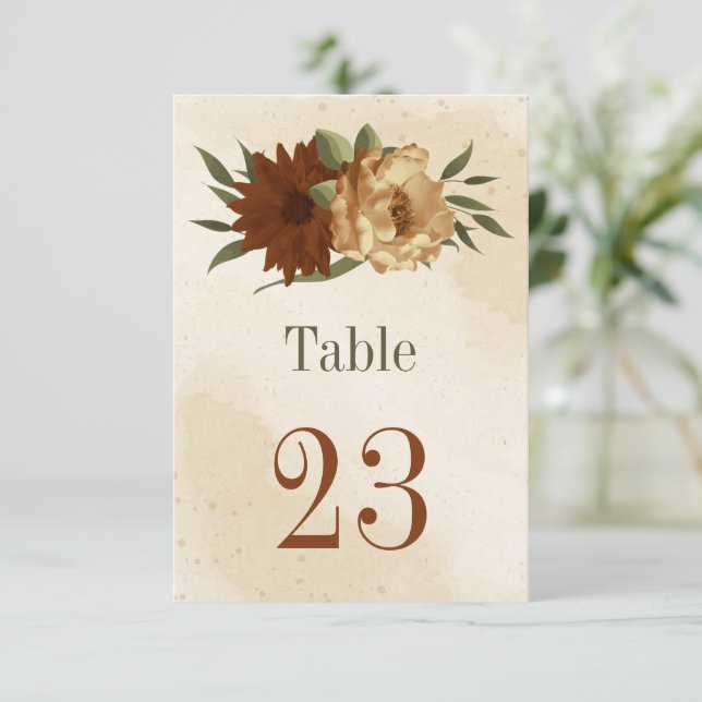 rustic terracotta floral botanical table number  (Standing Front)