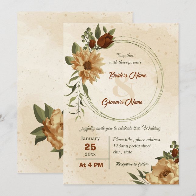 rustic terracotta floral botanical wedding  invitation (Front/Back)