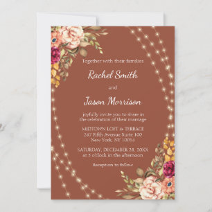 Rustic Terracotta Floral Fairy String Lights Invitation