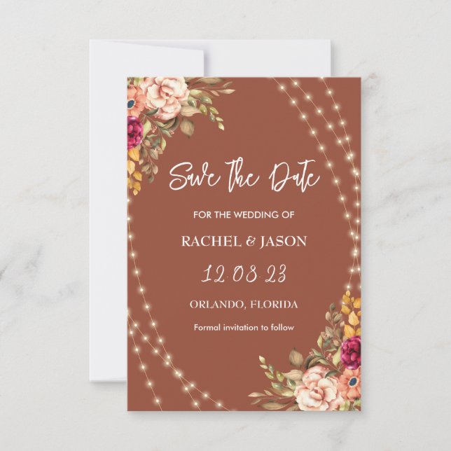 Rustic Terracotta Floral Fairy String Lights  Save The Date (Front)