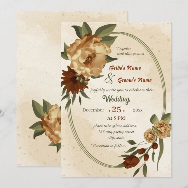 rustic terracotta floral geometric wedding  invitation (Front/Back)