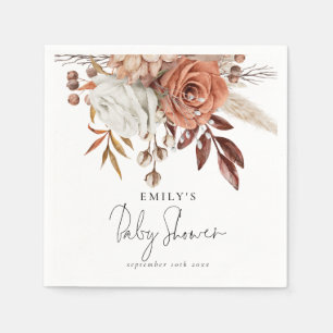 Rustic Terracotta Floral Name Boho Baby Shower Napkin