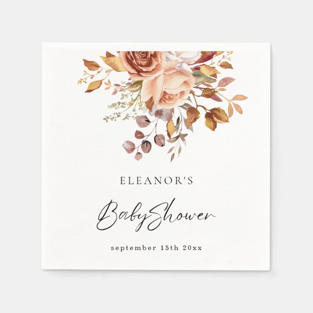 Rustic Terracotta Floral Name Boho Baby Shower  Napkin (Front)
