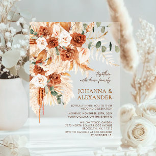 Rustic Terracotta Floral Pampas Wedding Acrylic Invitations
