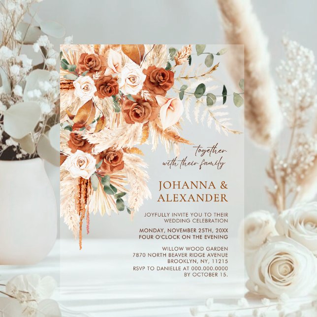Rustic Terracotta Floral Pampas Wedding  Acrylic Invitations (Creator Uploaded)