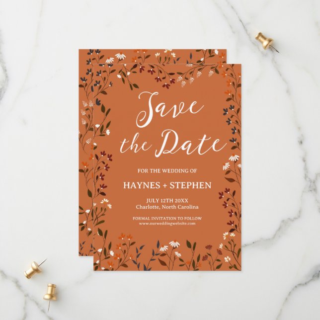 Rustic Terracotta Floral Save the Date Card (Front/Back In Situ)