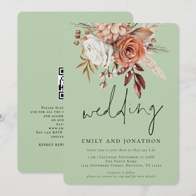 Rustic Terracotta Floral Script Sage Green Wedding Invitation (Front/Back)