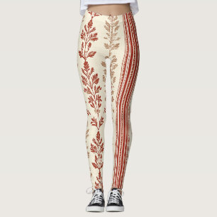 Rustic Terracotta Floral Toile Cream Stripes Leggings