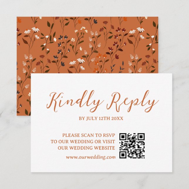 Rustic Terracotta Floral Wedding QR code RSVP Card (Front/Back)
