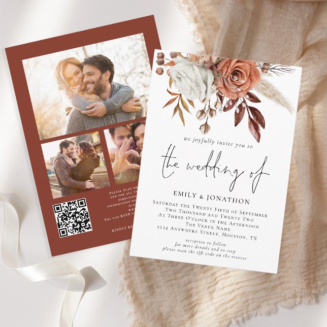 Rustic Terracotta Florals 3 Photos QR Code Wedding Invitation (Square Corners - one of the 6 different corner/edge styles to choose from)